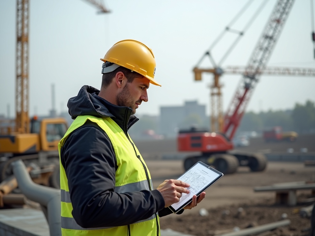 Bauleiter mit Tablet auf der Baustelle