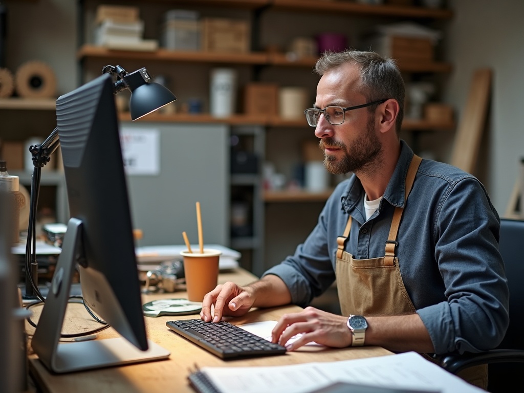 Handwerker digitalisiert Büroarbeit am Computer