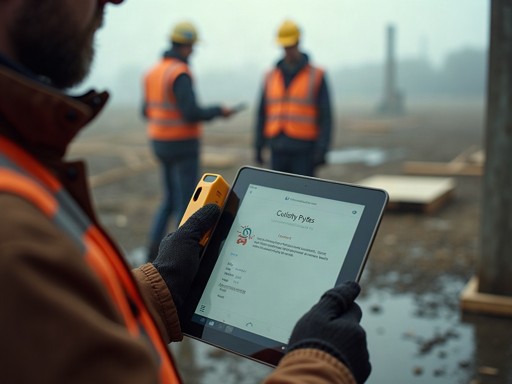 Lasermessgerät und Tablet mit Aufmaßerfassung auf einer Baustelle