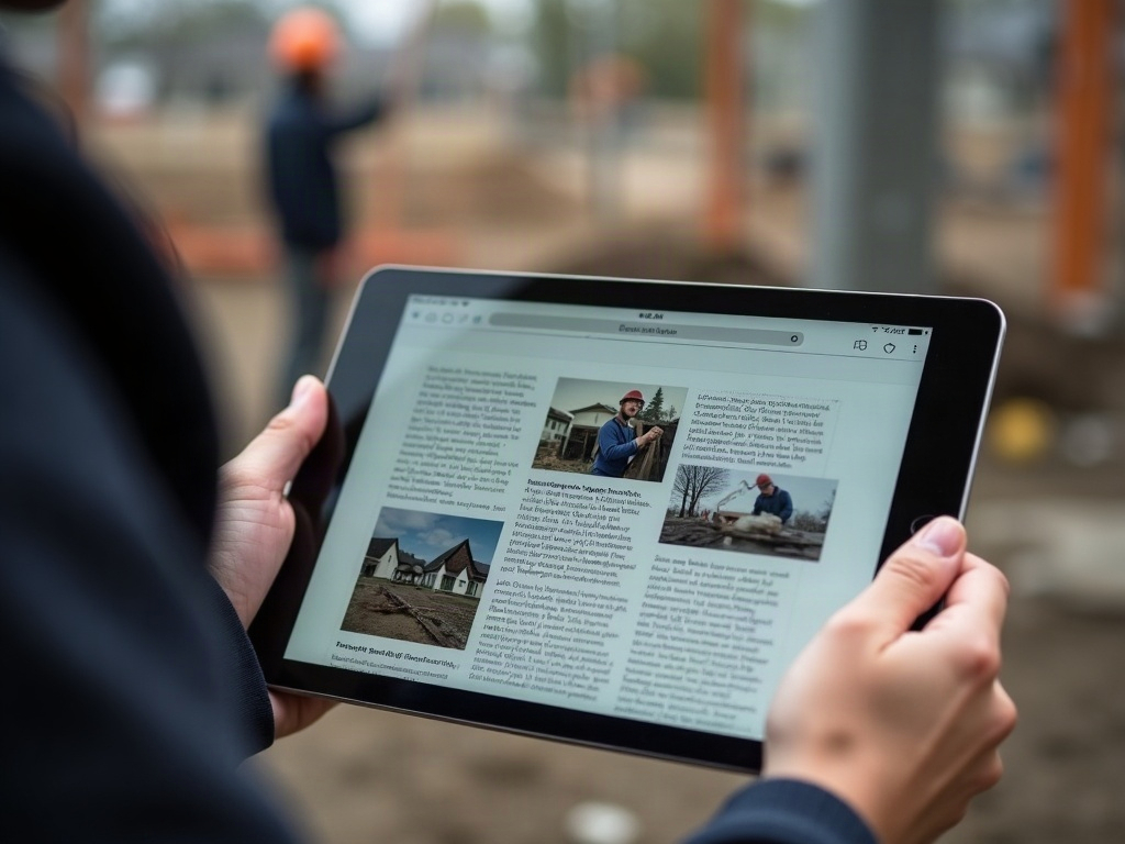 Digitaler Tagesbericht mit Fotos und Wetterdaten auf einem Tablet