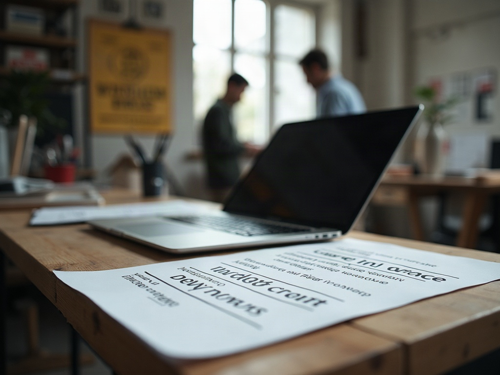 Ausgedruckte Nutzungsregeln neben einem Laptop im Handwerksbüro