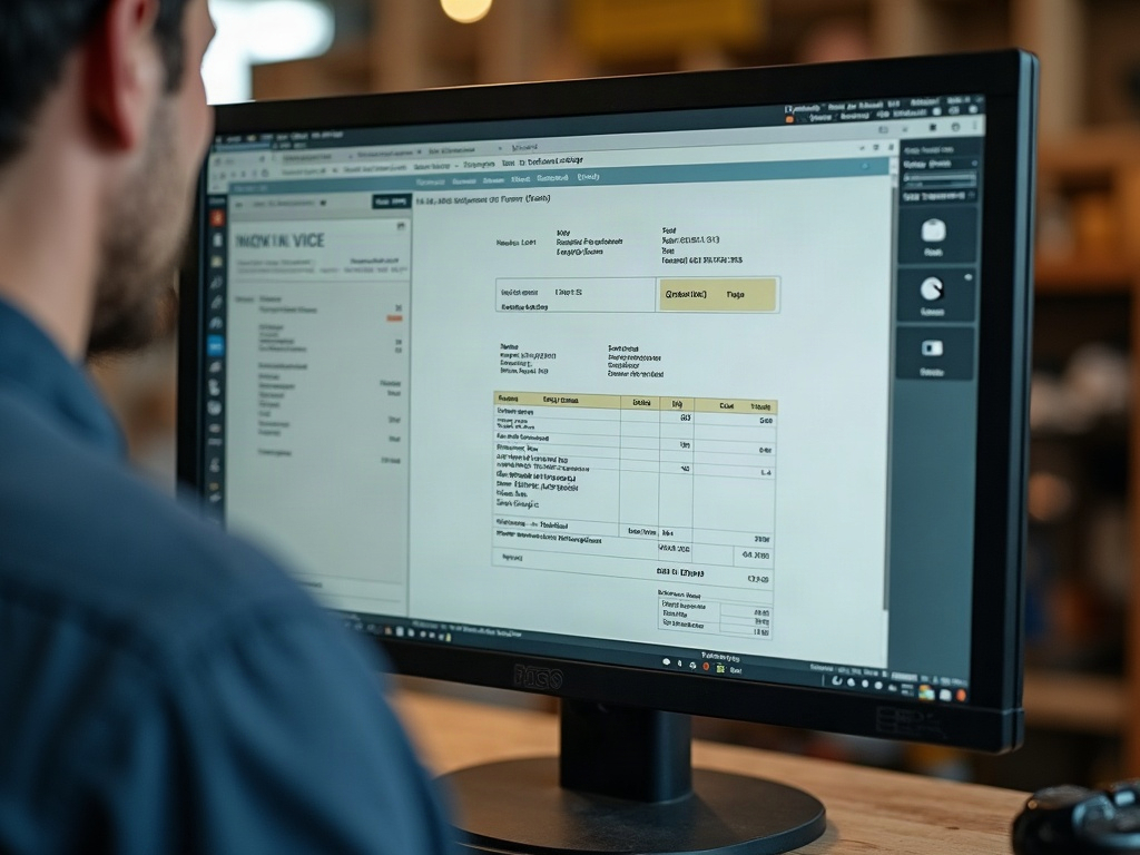 Rechnungsprogramm mit ausgefüllter Rechnung auf einem Monitor