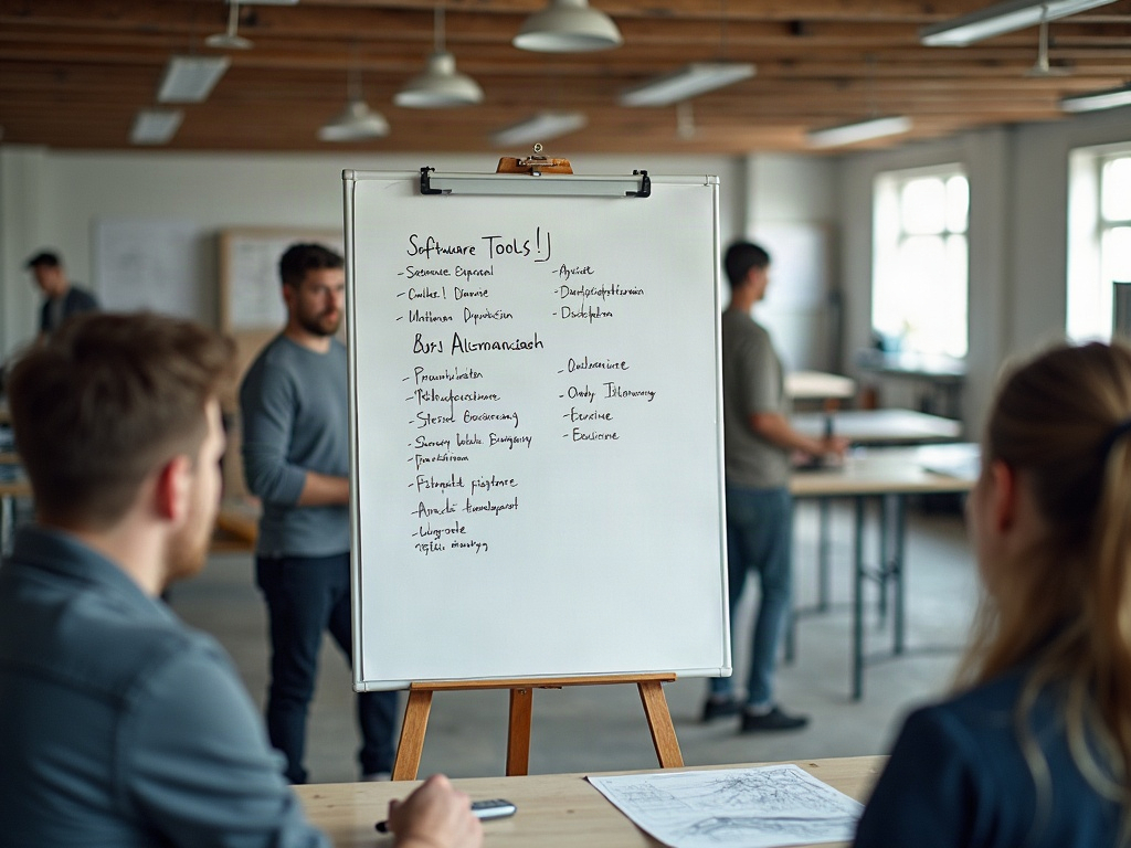 Flipchart mit einer Übersicht der im Betrieb eingesetzten KI-Werkzeuge während einer Schulung