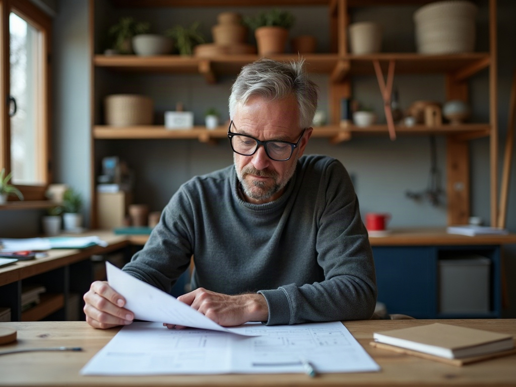 Handwerksunternehmer vergleicht Förderunterlagen auf dem Schreibtisch