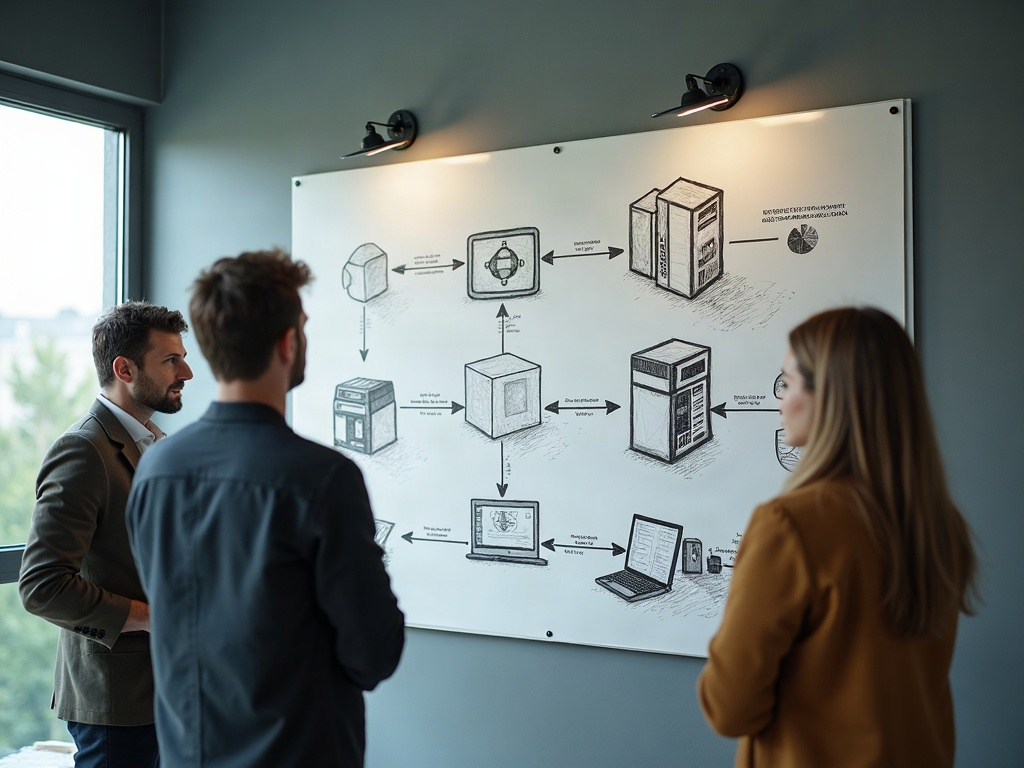 Skizze des Datenflusses zwischen Systemen an einer Bürowand