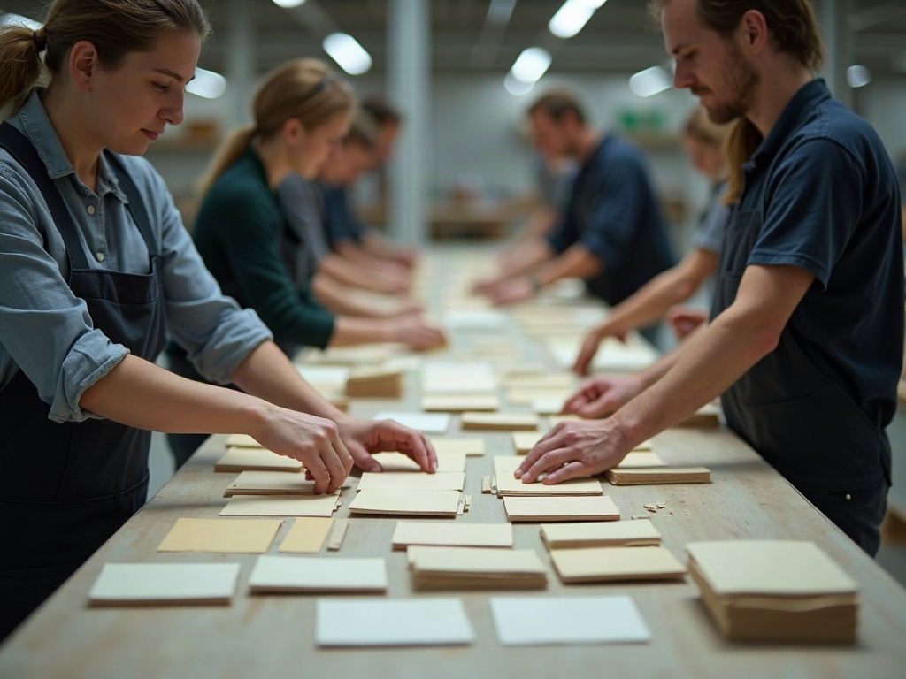 Mitarbeitende eines Handwerksbetriebs sortieren Karten mit Arbeitsschritten auf einem Tisch
