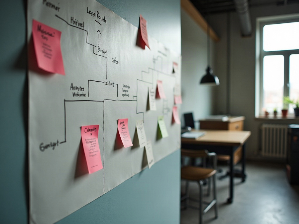 Prozessdiagramm an einer Wand mit Notizkarten in einem mittelständischen Unternehmen