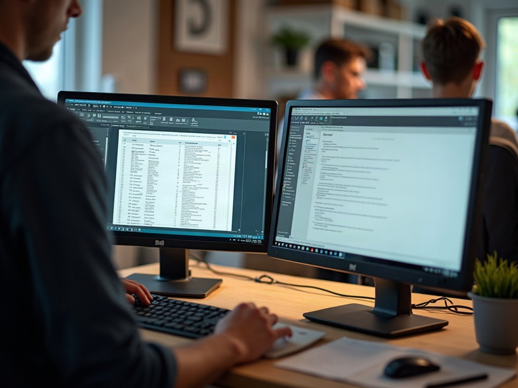 Zwei Bildschirme mit Tabellenkalkulation und Mailprogramm im Handwerksbüro