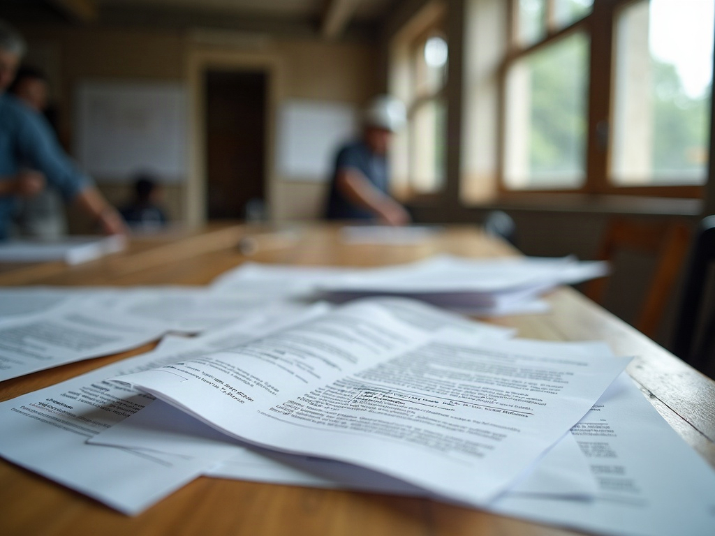 Nachtragsangebot mit Kalkulationsblatt und Baustellenfotos auf dem Schreibtisch