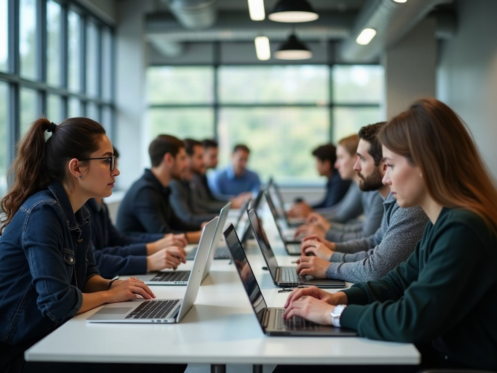 Mitarbeiter eines Handwerksbetriebs bei einer Weiterbildung an Laptops